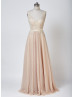 Deep V Neck Champagne Lace Tulle Beading Floor Length Prom Dress